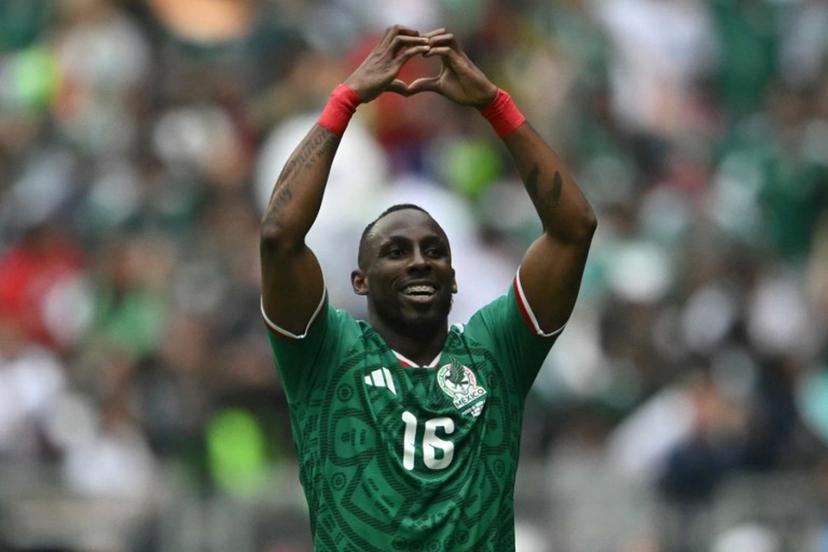Mexico's forward #16 Julian Quinones celebrates scoring his team's first goal during the 2026 World Cup Group A football match between Mexico and South Africa at the Mexico City Stadium in Mexico City on June 11, 2026.  CARL DE SOUZA / AFP