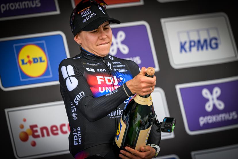 French Celia Gery of FDJ United-SUEZ pictured on the podium after the women's 'Brabantse Pijl' one day cycling race, 125,7km from Lennik to Overijse on Friday 17 April 2026. BELGA PHOTO DAVID PINTENS