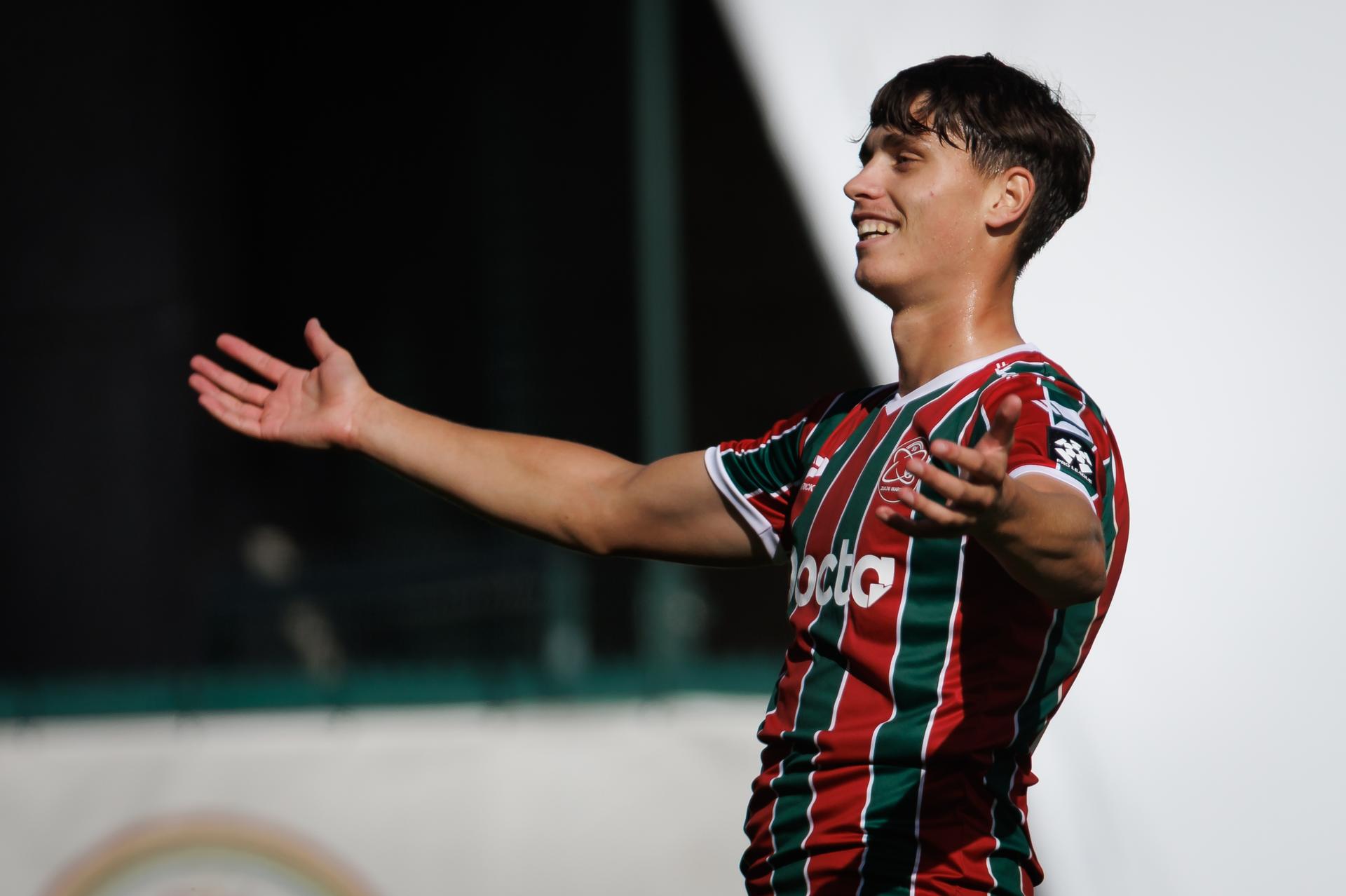 Essevee's Zalan Atrok celebrates after scoring during a soccer match between Zulte Waregem and SK Beveren, Saturday 22 August 2026 in Waregem, on day 3 of the 2026-2027 'Jupiler Pro League' first division of the Belgian championship. BELGA PHOTO KURT DESPLENTER