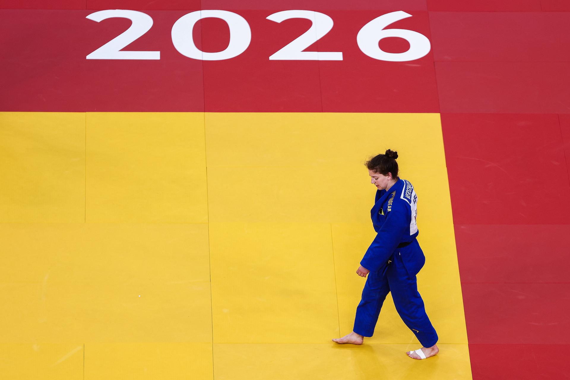 Belgian Vicky Verschaere (blue gi) competes against German Niemeyer (not pictured) in the first round of the women -78kg category, at the European Championships judo in Tbilisi, Georgia, on Sunday 19 April 2026. BELGA PHOTO NIKOLA KRISTC