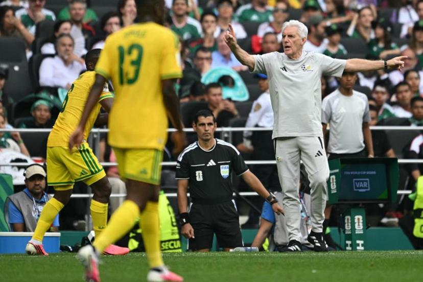 South Africa's Belgian head coach Hugo Broos gestures during the 2026 World Cup Group A football match between Mexico and South Africa at the Mexico City Stadium in Mexico City on June 11, 2026.  Yuri CORTEZ / AFP