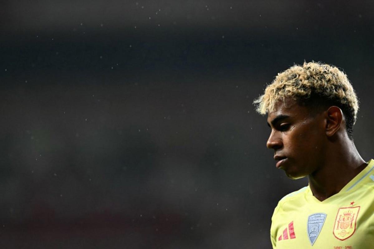 Spain's forward #19 Lamine Yamal looks on during the FIFA World Cup 2026 Group E qualification football match between Turkey and Spain at the Konya Buyuksehir Belediye Stadium, in Konya, on September 7, 2025.  Ozan KOSE / AFP