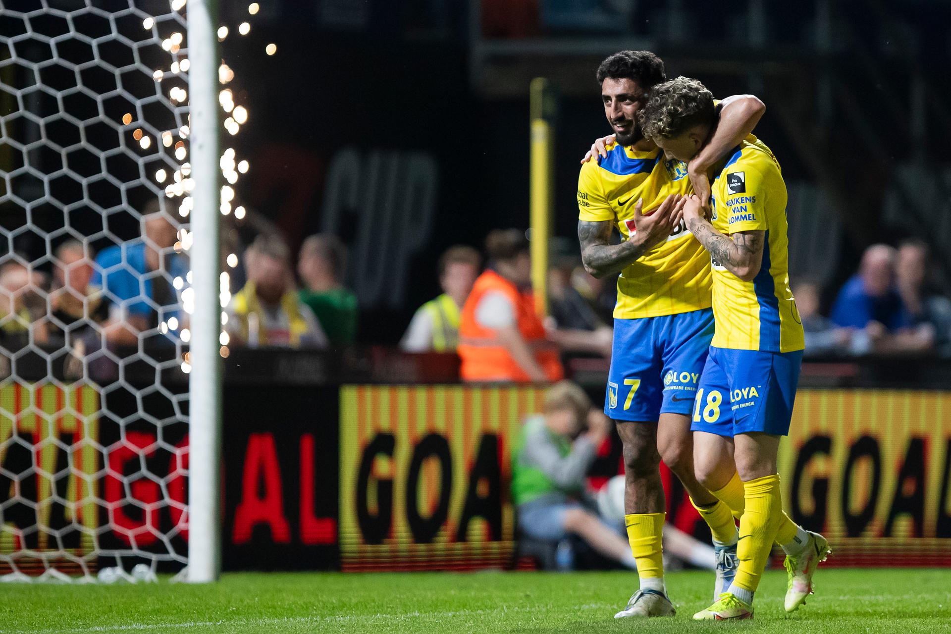 Westerlo's Allahyar Sayyadmanesh and Westerlo's Griffin Yow celebrate during a soccer match between KVC Westerlo and FCV Dender EH, Friday 02 May 2025 in Westerlo, on day 7 (out of 10) of the Europe Play-offs of the 2024-2025 'Jupiler Pro League' first division of the Belgian championship. BELGA PHOTO KRISTOF VAN ACCOM