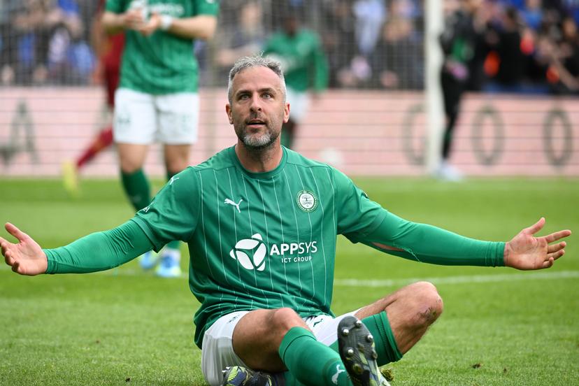 Lommel's Ralf Seuntjens celebrates after scoring during a soccer game between Lommel SK and FCV Dender EH, Sunday 17 May 2026 in Lommel, the first leg of the Final of the Promotion Play-Offs of the 2025-2026 'Challenger Pro League' 1B second division of the Belgian championship. BELGA PHOTO JILL DELSAUX