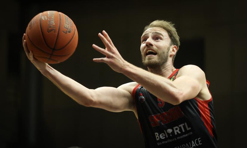 Spirou's Alex Libert fights for the ball during a basketball match between Leuven Bears and Spirou Charleroi, Saturday 07 May 2022, in Leuven, the third game of the quarter final (best of 3) of the Belgian Playoffs in the 'BNXT League' first division basket championship. BELGA PHOTO VIRGINIE LEFOUR