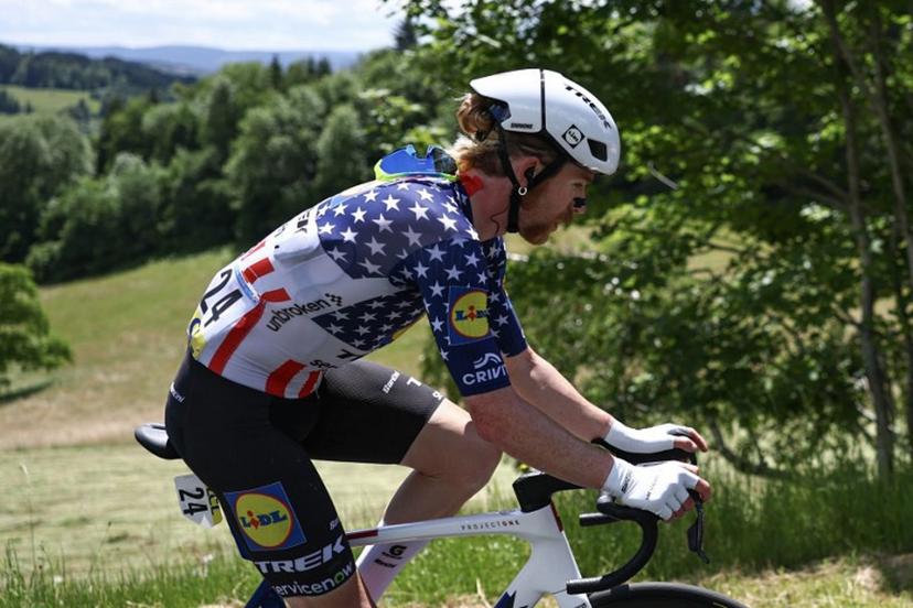 Lidl-Trek's US rider Quinn Simmons cycles in a breakaway during the 4th stage of the Tour Auvergne-Rhone-Alpes cycling race (formerly known as the Criterium du Dauphine), 167,4km between Le Puy-en-Velay and Montrond-les-Bains, central France, on June 10, 2026.  Anne-Christine POUJOULAT / AFP