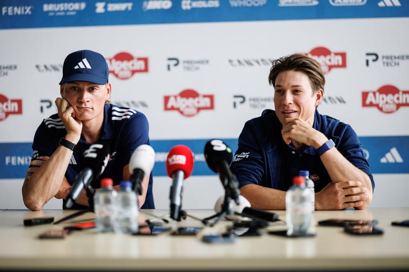 Dutch Mathieu van der Poel and Belgian Jasper Philipsen pictured during press conference of Alpecin-Premier Tech cycling team ahead of this year's Paris-Roubaix cycling race, Thursday 09 April 2026, in Gullegem, Belgium. The 123rd edition of Paris-Roubaix cycling races will take on Sunday, with the women riding 143,1 km the men riding 258,3 km on Sunday. BELGA PHOTO KURT DESPLENTER