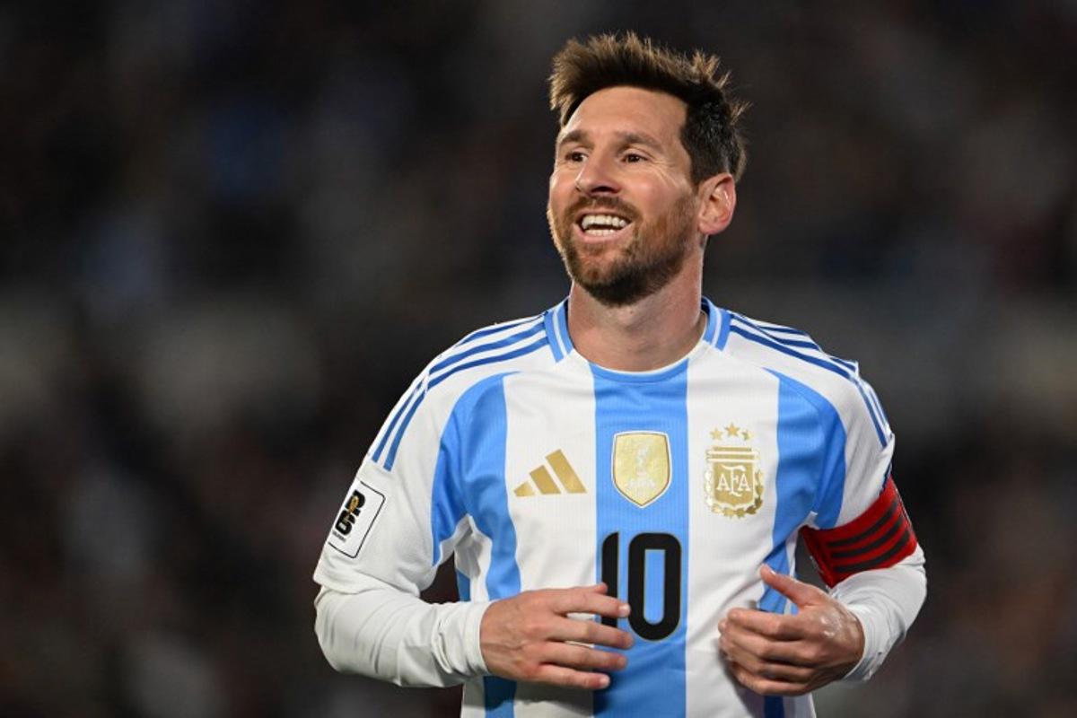 Argentina's forward #10 Lionel Messi reacts during the 2026 FIFA World Cup South American qualifiers football match between Argentina and Venezuela at the Mas Monumental stadium in Buenos Aires on September 4, 2025.   Luis ROBAYO / AFP