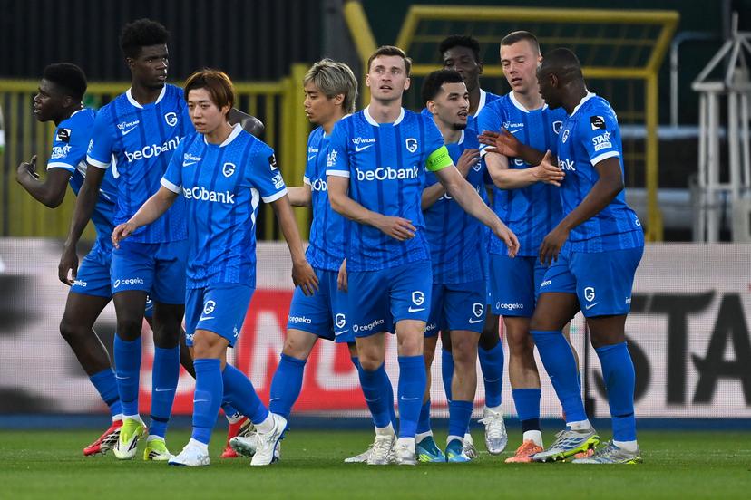 Genk's Ayumu Yokoyama celebrates after scoring during a soccer match between Oud-Heverlee Leuven and KRC Genk Saturday 23 May 2026 in Leuven, on day the last day of the Europe Play-offs (PO2) of the 2025-2026 'Jupiler Pro League' first division of the Belgian championship. BELGA PHOTO JOHAN EYCKENS