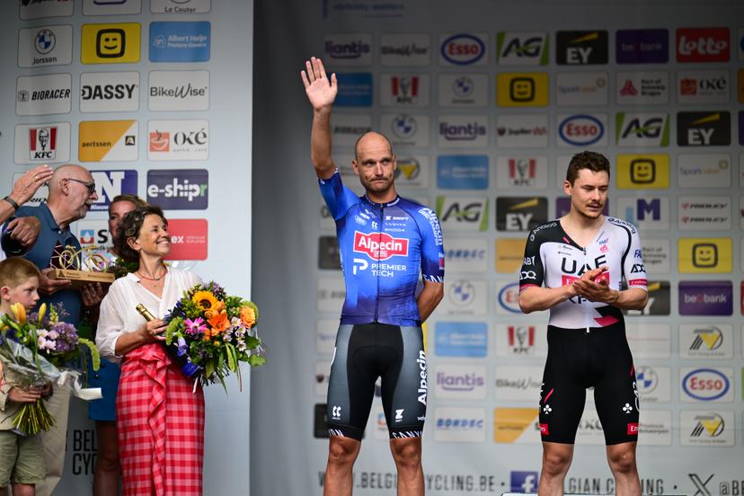Belgian Jonas Rickaert of Alpecin-Premier Tech and Belgian Rune Herregodts pictured on the podium after the men's elite race (240km) at the Belgian Cycling Championships, from Antwerp to Brasschaat on Sunday 28 June 2026. BELGA PHOTO TOM GOYVAERTS