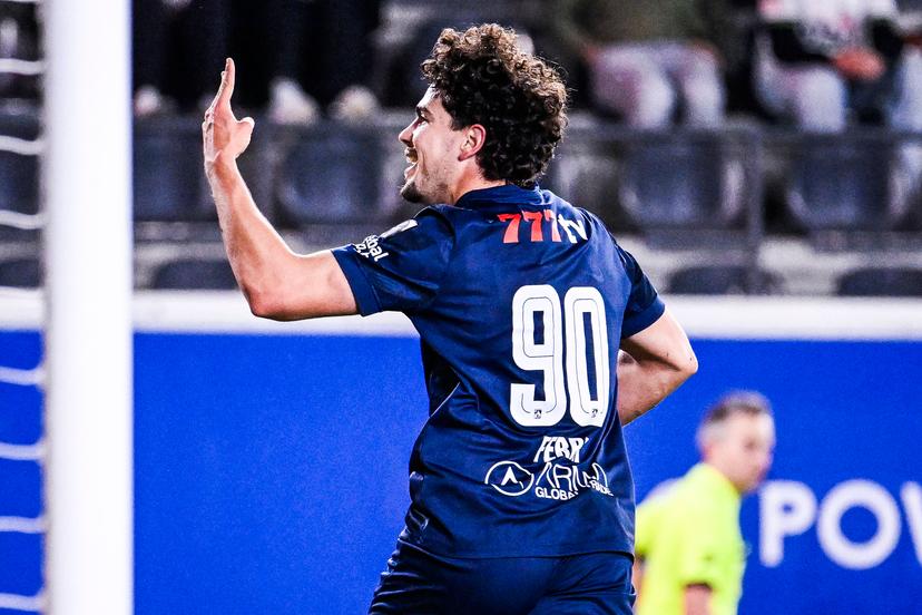 Westerlo's Nacho Ferri celebrates after scoring during a soccer match between Oud-Heverlee Leuven and KVC Westerlo, Tuesday 21 April 2026 in Leuven, on the fourth day of the Europe Play-offs (PO2) of the 2025-2026 'Jupiler Pro League' first division of the Belgian championship. BELGA PHOTO TOM GOYVAERTS