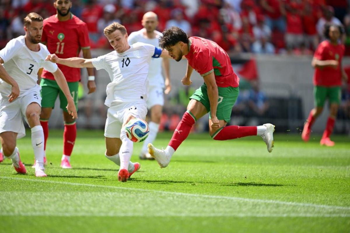 Morocco's midfielder #17 Abde Ezzalzouli shoots on goal during the international friendly football match between Morocco and Norway at Sports Illustrated Stadium in Harrison, New Jersey, on June 7, 2026.  ANGELA WEISS / AFP