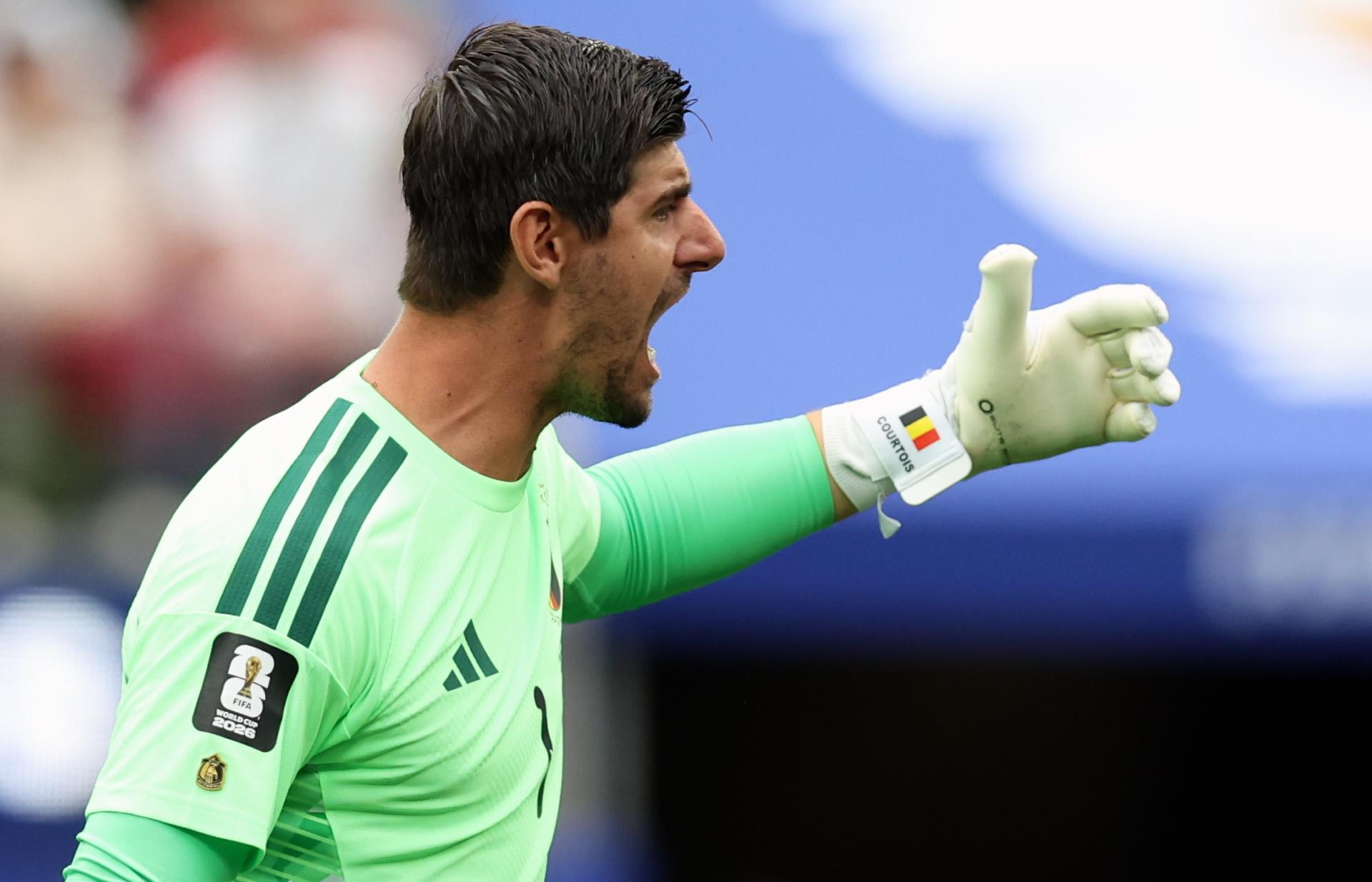 Belgium's goalkeeper Thibaut Courtois reacts during a soccer game between Belgian national team Red Devils and Iran, on Sunday 21 June 2026, at the SoFi stadium in Los Angeles, the second game in the group stage of the FIFA World Cup 2026 in the United States of America. The Diables Rouges - Rode Duivels were drawn into Group G. BELGA PHOTO BRUNO FAHY