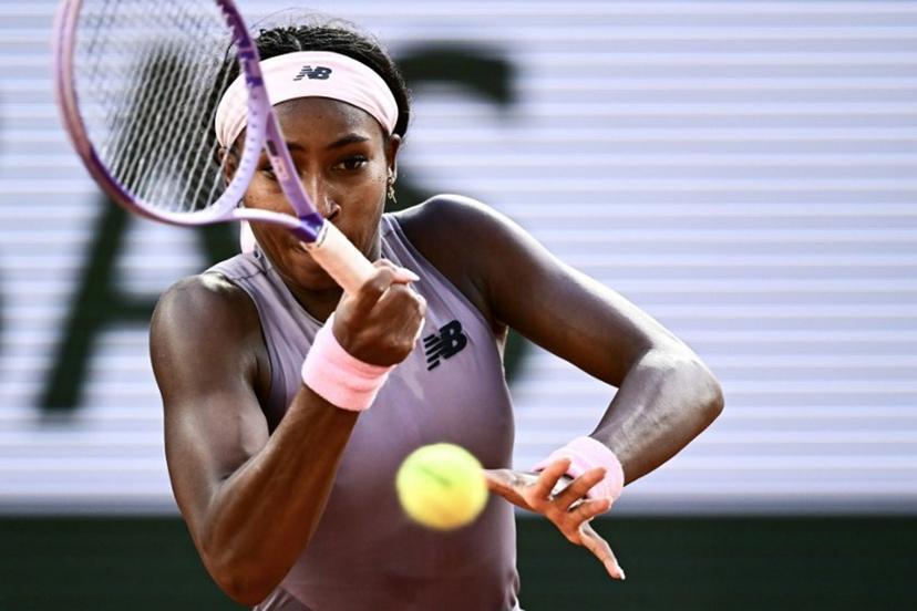 US Coco Gauff plays a forehand return to Austria's Anastasia Potapova during their women's singles match on day 7 of the French Open tennis tournament on Court Philippe-Chatrier at the Roland-Garros Complex in Paris on May 30, 2026.  JULIEN DE ROSA / AFP