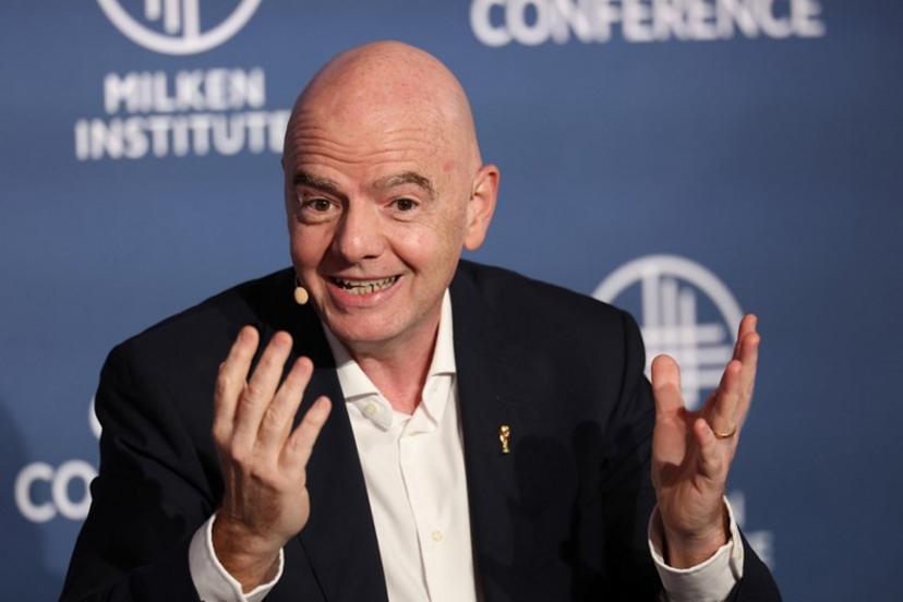 FIFA President Gianni Infantino speaks during the 29th annual Milken Institute Global Conference at the Beverly Hilton in Beverly Hills, California on May 5, 2026.  Patrick T. Fallon / AFP
