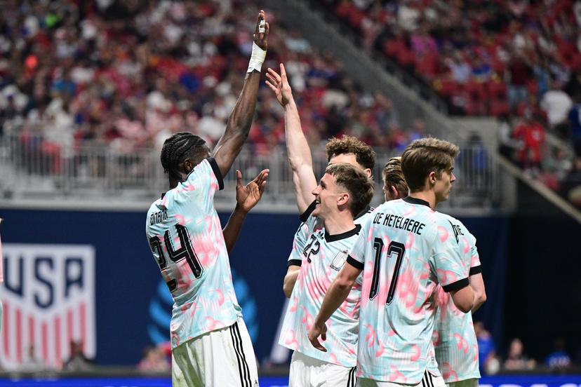 Belgium's Amadou Onana celebrates after scoring during a friendly soccer game between the United States national team and Belgian national soccer team Red Devils in Atlanta, on Saturday 28 March 2026, in preparation for the 2026 World Cup. BELGA PHOTO DIRK WAEM