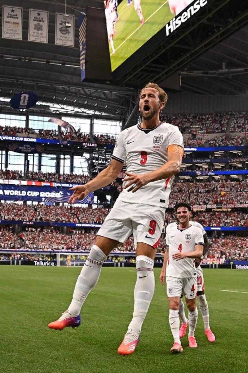 England's forward #09 Harry Kane celebrates after scoring his team's second goal during the 2026 World Cup Group L football match between England and Croatia at the Dallas Stadium in Arlington on June 17, 2026.   Paul ELLIS / AFP
