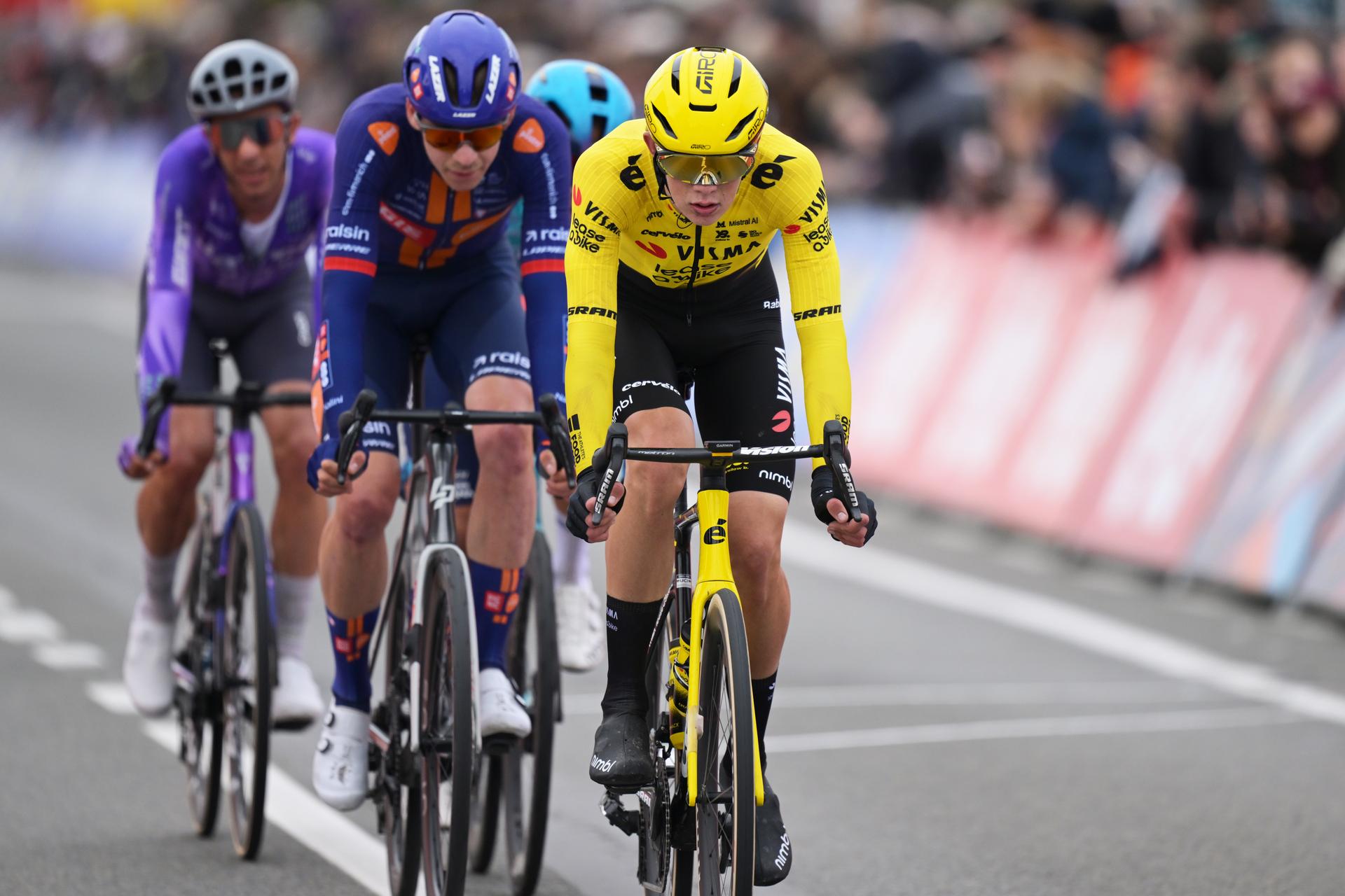 Belgium's Matisse Van Kerckhove of Team Visma-Lease a Bike pictured in action during the 78th edition of the men elite race of the Kuurne-Brussels-Kuurne one day cycling race, 195 km from Kuurne to Kuurne via Brussels, Sunday 01 March 2026.  BELGA PHOTO DAVID PINTENS