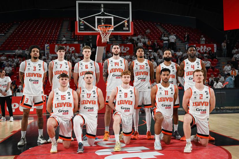 Leuven's players pictured before a basketball match between Antwerp Giants and Leuven Bears, Sunday 22 March 2026 in Charleroi, the final of the men's Belgian 2026 Basketball Cup. BELGA PHOTO ELIAS ROM