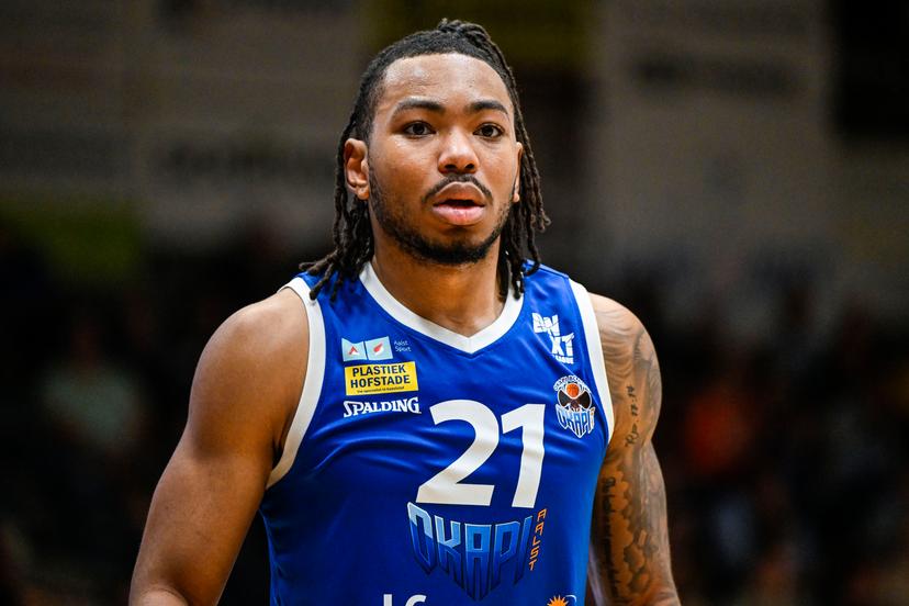 Aalst's Dante Maddox Jr. pictured during a basketball match between Kangoeroes Basket Mechelen and Okapi Aalst, Saturday 04 April 2026 in Mechelen, on day 27 (out of 34) of the 2025-2026 'BNXT League' Belgian/ Dutch first division basket championship. BELGA PHOTO TOM GOYVAERTS