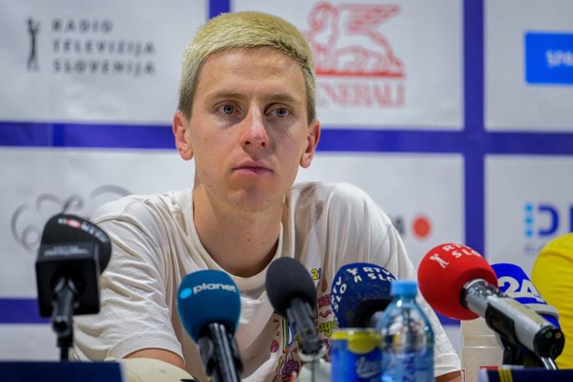 Tour de France's five-time winner Slovenian rider Tadej Pogacar looks on as attends a press conference ahead of the start of the Pogi Challenge cycling event in his hometown in Komenda, Slovenia on July 31, 2026.  Jure Makovec / AFP