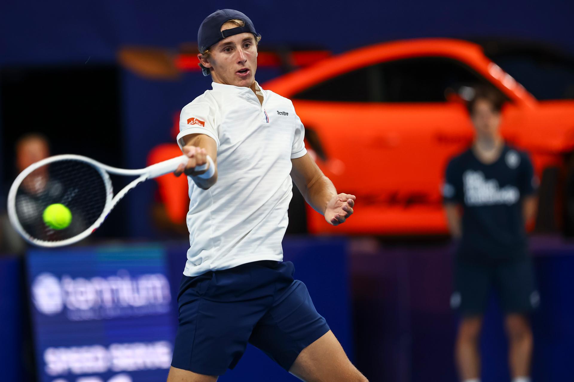Belgian Emilien Demanet pictured in action during the qualifying phase of the European Open Tennis ATP tournament, in Antwerp, Sunday 13 October 2024. BELGA PHOTO DAVID PINTENS
