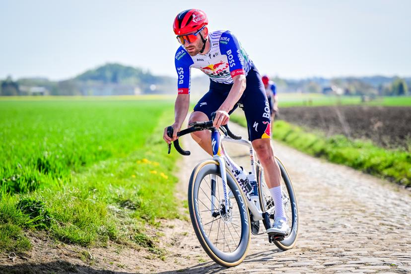 Belgian Jordi Meeus of Red Bull-BORA-hansgrohe pictured in action during the reconnaissance of the track ahead of this year's Paris-Roubaix cycling race, Thursday 09 April 2026, around Roubaix, France. The 123rd edition of Paris-Roubaix cycling races will take on Sunday, with the women riding 143,1 km the men riding 258,3 km on Sunday. BELGA PHOTO DIRK WAEM