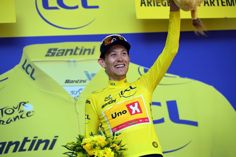 Norwegian Torstein Traeen of Uno-X Mobility celebrates on the podium in the yellow jersey of leader in the overall ranking after stage 4 of the 2026 Tour de France cycling race, a stage of 181,9km from Carcassonne to Foix, on Tuesday 07 July 2026. The 113th edition of the Tour de France starts on Saturday 4 July in Barcelona, Spain, and will finish in Paris, France on the 26th of July.  BELGA PHOTO DAVID PINTENS