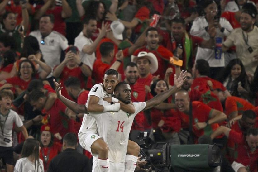 Morocco's defender #14 Issa Diop (R) celebrates scoring his team's first goal with forward #09 Soufiane Rahimi during the 2026 World Cup round of 32 football match between the Netherlands and Morocco at the Monterrey Stadium in Guadalupe on June 29, 2026.   Alfredo ESTRELLA / AFP
