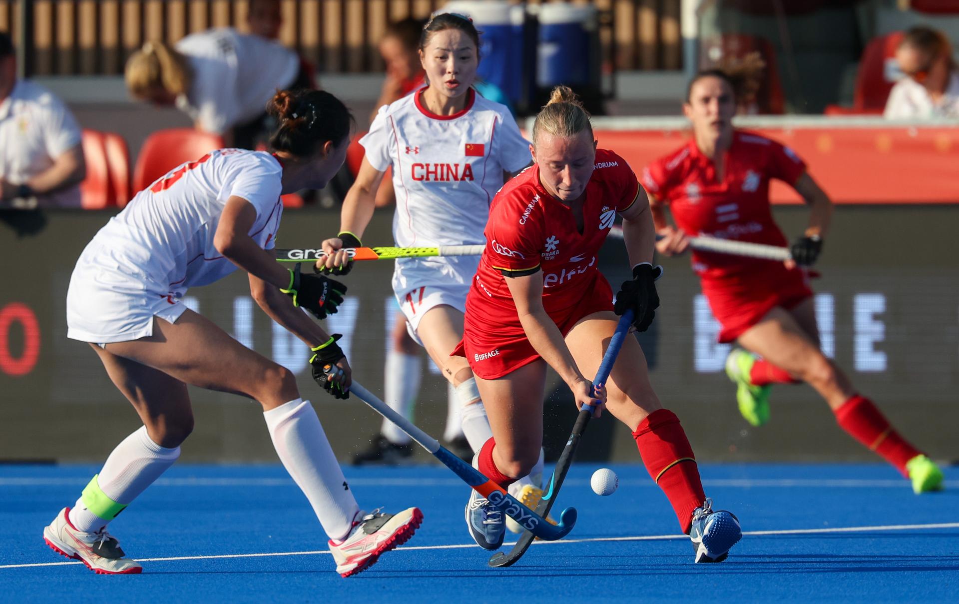 Belgium's Charlotte Englebert fights for the ball during a hockey game between Belgian national team Red Panthers and China, Tuesday 16 June 2026 in Wavre, match 10/16 in the group stage of the women's FIH Pro League competition. BELGA PHOTO VIRGINIE LEFOUR