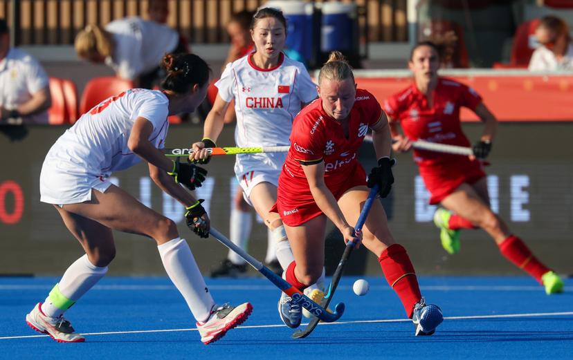 Belgium's Charlotte Englebert fights for the ball during a hockey game between Belgian national team Red Panthers and China, Tuesday 16 June 2026 in Wavre, match 10/16 in the group stage of the women's FIH Pro League competition. BELGA PHOTO VIRGINIE LEFOUR