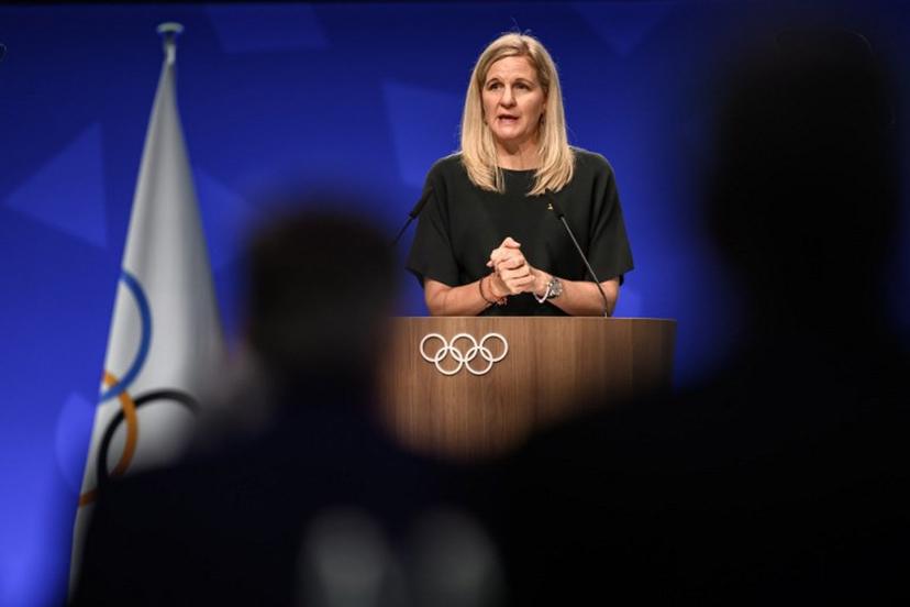 International Olympic Committee president (IOC) Kirsty Coventry delivers her speech at the opening of an IOC session, in Lausanne, on June 24, 2026.  Fabrice COFFRINI / AFP