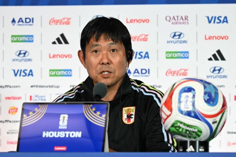 Japan's head coach Hajime Moriyasu speaks during a press conference on the eve of the 2026 World Cup Round of 32 football match between Japan and Brazil at Houston stadium in Houston on June 28, 2026.   RONALDO SCHEMIDT / AFP