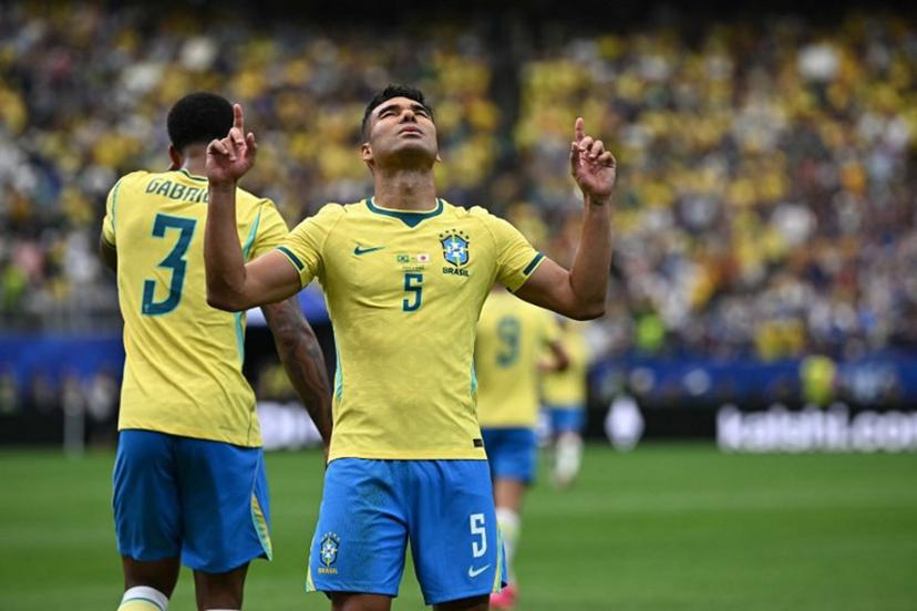 Brazil's midfielder #05 Casemiro celebrates after scoring his team's first goal during the 2026 World Cup round of 32 football match between Brazil and Japan at the Houston Stadium in Houston on June 29, 2026.   Paul ELLIS / AFP