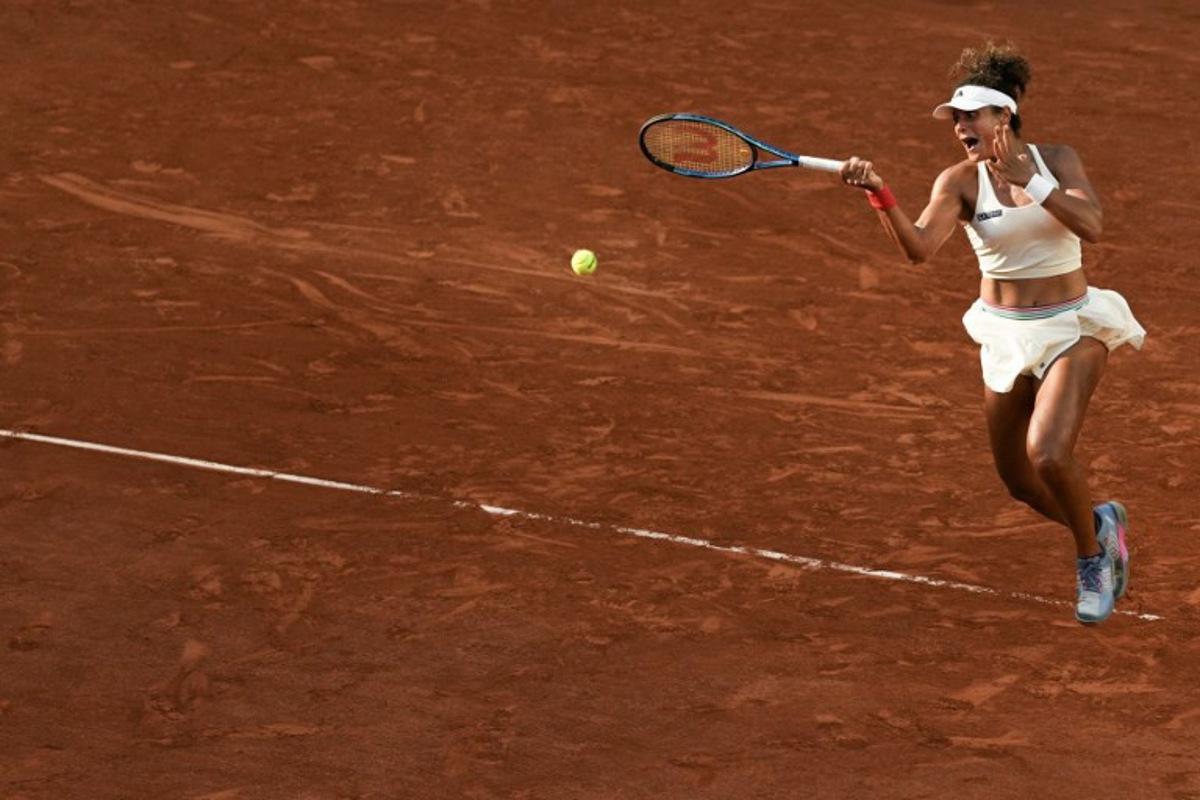 Egypt's Mayar Sherif plays a forehand return to US Coco Gauff during their women's singles match on day 5 of the French Open tennis tournament on Court Suzanne-Lenglen at the Roland-Garros Complex in Paris on May 28, 2026.  Dimitar DILKOFF / AFP