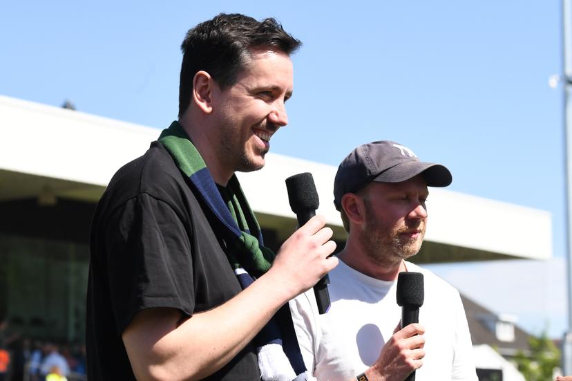 Hasselt's chairman Sam Kerkhofs and Hasselt's chairman Rik Verheye pictured before a soccer match between Sporting Hasselt and KFC Dessel Sport, Sunday 26 April 2026 in Hasselt, on the last day of the first serie of voetbal vlaanderen of the 2025-2026 championship. The winner of the serie is promoted to Challenger Pro League. BELGA PHOTO JILL DELSAUX