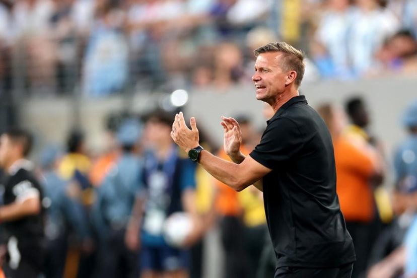 Canada's US coach Jesse Marsch shouts instructions to his players from the touchline during the Conmebol 2024 Copa America tournament semi-final football match between Argentina and Canada at MetLife Stadium, in East Rutherford, New Jersey on July 9, 2024.  CHARLY TRIBALLEAU / AFP