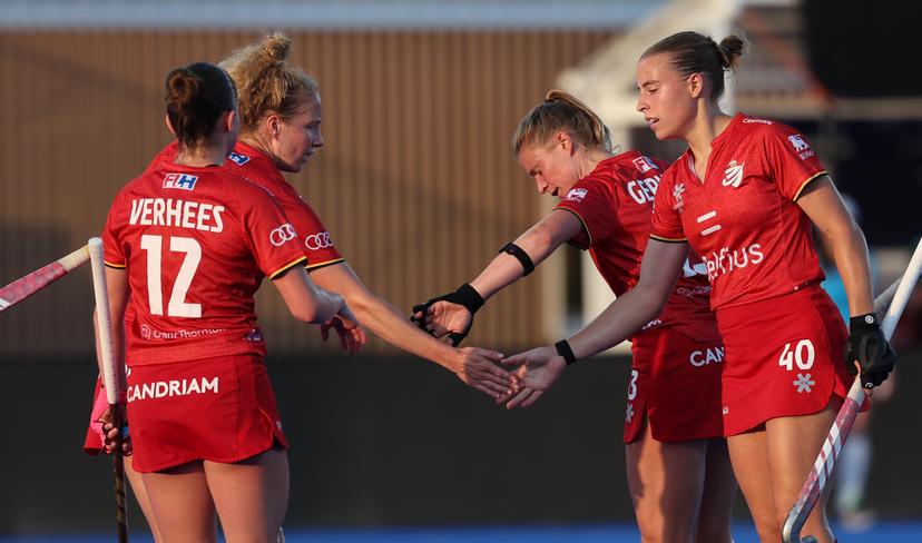 Belgium's Verhees and Belgium's Camille Belis pictured during a hockey game between Belgian national team Red Panthers and Australia, Tuesday 23 June 2026 in Wavre, match 13/16 in the group stage of the women's FIH Pro League competition. BELGA PHOTO VIRGINIE LEFOUR