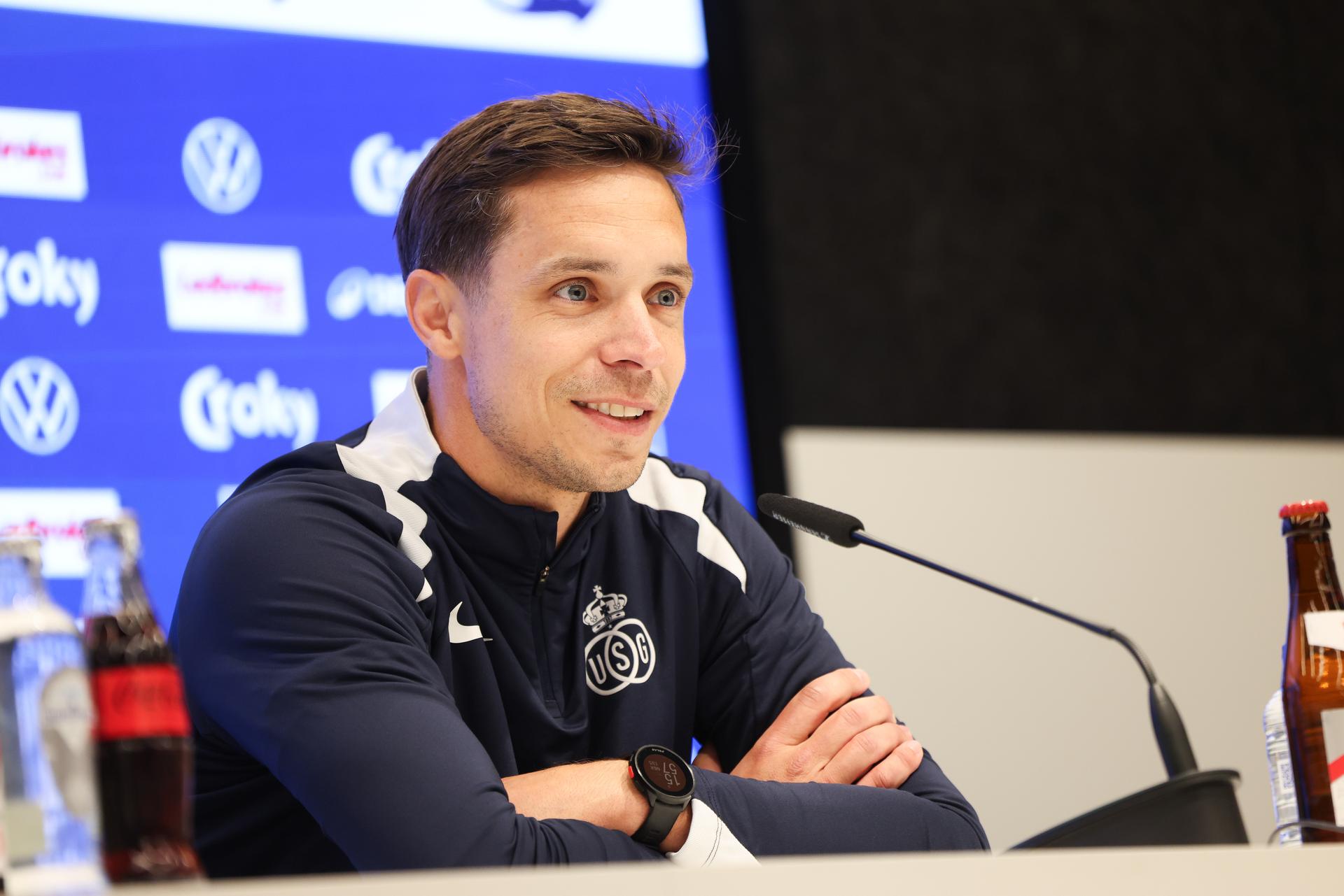 Union's head coach David Hubert pictured during a press conference of Royale Union Saint-Gilloise ahead of the final of the Croky Cup Belgian cup competition, Wednesday 13 May 2026 in Brussels. BELGA PHOTO BRUNO FAHY
