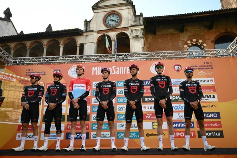 Riders of team Tudor Pro, Jacob Eriksson, Marco Haller, Arthur Kluckers, Rick Pluimers, Florian Stork, Matteo Trentin and Julian Alaphilippe are pictured before the Milan - Sanremo one-day classic cycling race, in Pavia, on March 21, 2026.  Marco BERTORELLO / AFP