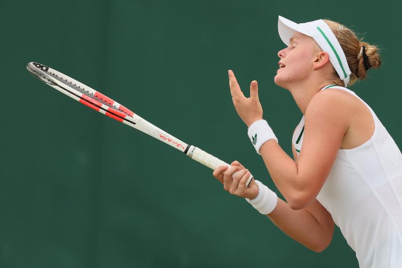 Belgian Jeline Vandromme reacts during a tennis match against Spanish Torner-Sensano, in the first round of the girls' singles at the 2025 Wimbledon grand slam tournament, Saturday 05 July 2025 at the All England Tennis Club, in South-West London, Britain. BELGA PHOTO BENOIT DOPPAGNE