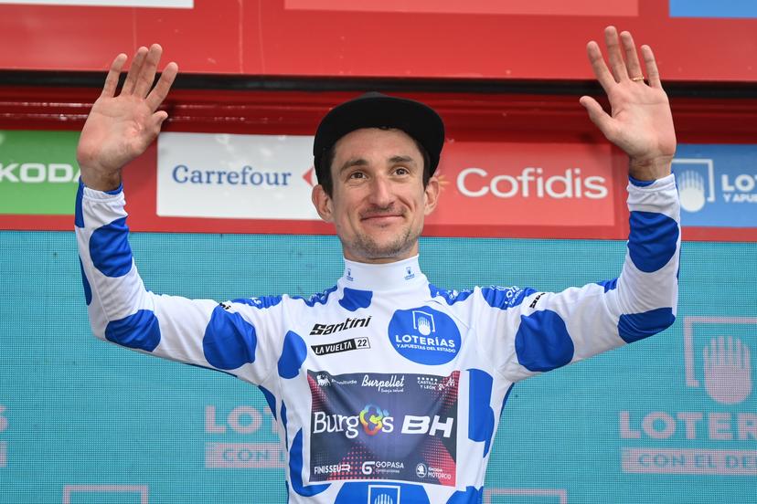 Monegasque Victor Langellotti of Burgos-BH celebrates on the podium in the  polka-dot jersey for best climber after stage 7 of the 2022 edition of the 'Vuelta a Espana', Tour of Spain cycling race, from from Camargo to Cistierna (190 km), Spain, Friday 26 August 2022. BELGA PHOTO DAVID STOCKMAN