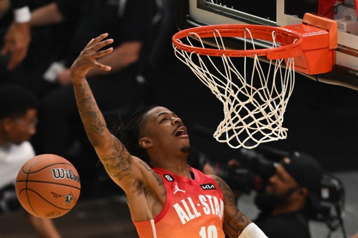 Memphis Grizzlies' Ja Morant loses control of the ball while trying to dunk during the NBA All-Star game between Team Giannis and Team LeBron at the Vivint arena in Salt Lake City, Utah, February 19, 2023.   Patrick T. Fallon / AFP