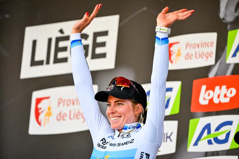 Dutch Demi Vollering of FDJ United-SUEZ pictured on the podium after the women elite race of the Liege-Bastogne-Liege UCI World Tour one day cycling race, 156km from Bastogne to Liege, Sunday 26 April 2026. BELGA PHOTO ERIC LALMAND