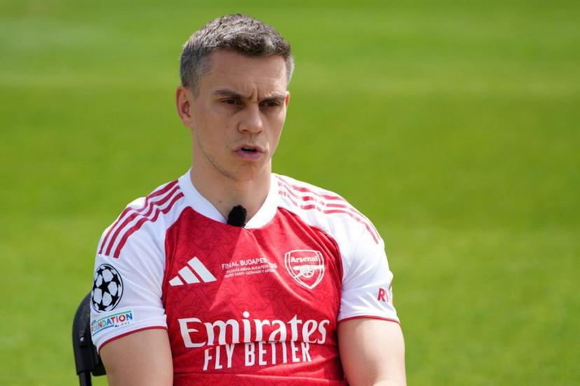 Arsenal's Belgian midfielder #19 Leandro Trossard takes part in a media day, at London Colney, north of London, on May 21, 2026, ahead of their UEFA Champions League final football match against Paris Saint-Germain on May 30.  CARLOS JASSO / AFP