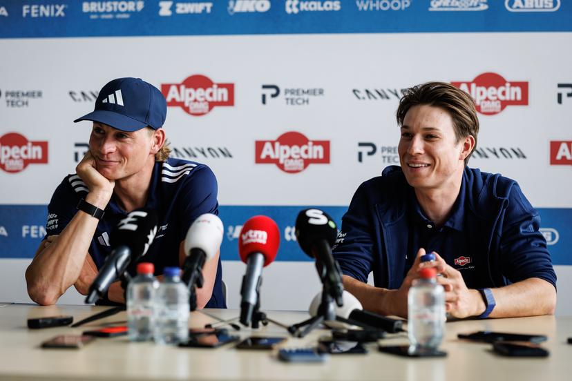 Dutch Mathieu van der Poel and Belgian Jasper Philipsen pictured during press conference of Alpecin-Premier Tech cycling team ahead of this year's Paris-Roubaix cycling race, Thursday 09 April 2026, in Gullegem, Belgium. The 123rd edition of Paris-Roubaix cycling races will take on Sunday, with the women riding 143,1 km the men riding 258,3 km on Sunday. BELGA PHOTO KURT DESPLENTER