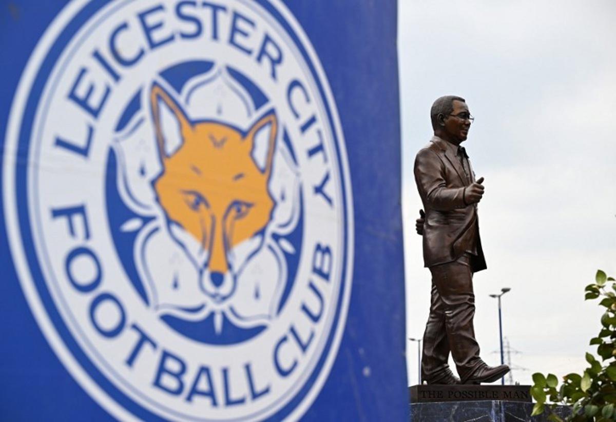 A statue of former Leicester City's Thai former chairman Vichai Srivaddhanaprabha is pictured ahead of the English Premier League football match between Leicester City and Aston Villa at King Power Stadium in Leicester, central England on April 23, 2022.  Oli SCARFF / AFP