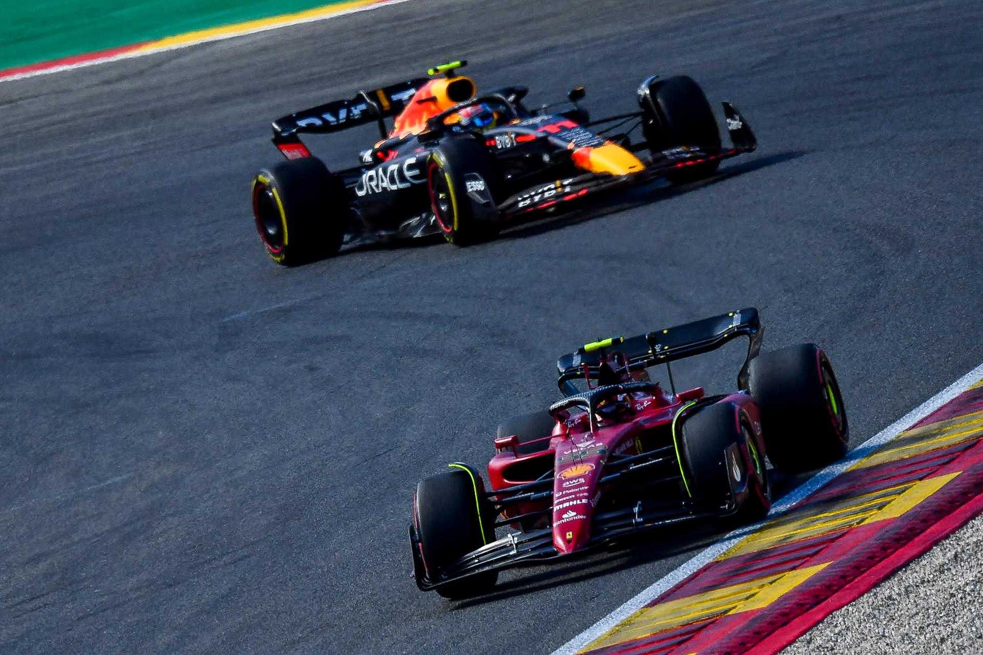 Scuderia Ferrari Spanish rider Carlos Sainz Jr. and Oracle Red Bull Racing Mexican rider Sergio Perez pictured during the F1 Grand Prix of Belgium auto race, in Spa-Francorchamps, Sunday 28 August 2022. The Spa-Francorchamps Formula One Grand Prix takes place this weekend, from August 26th to August 28th. BELGA PHOTO JONAS ROOSENS