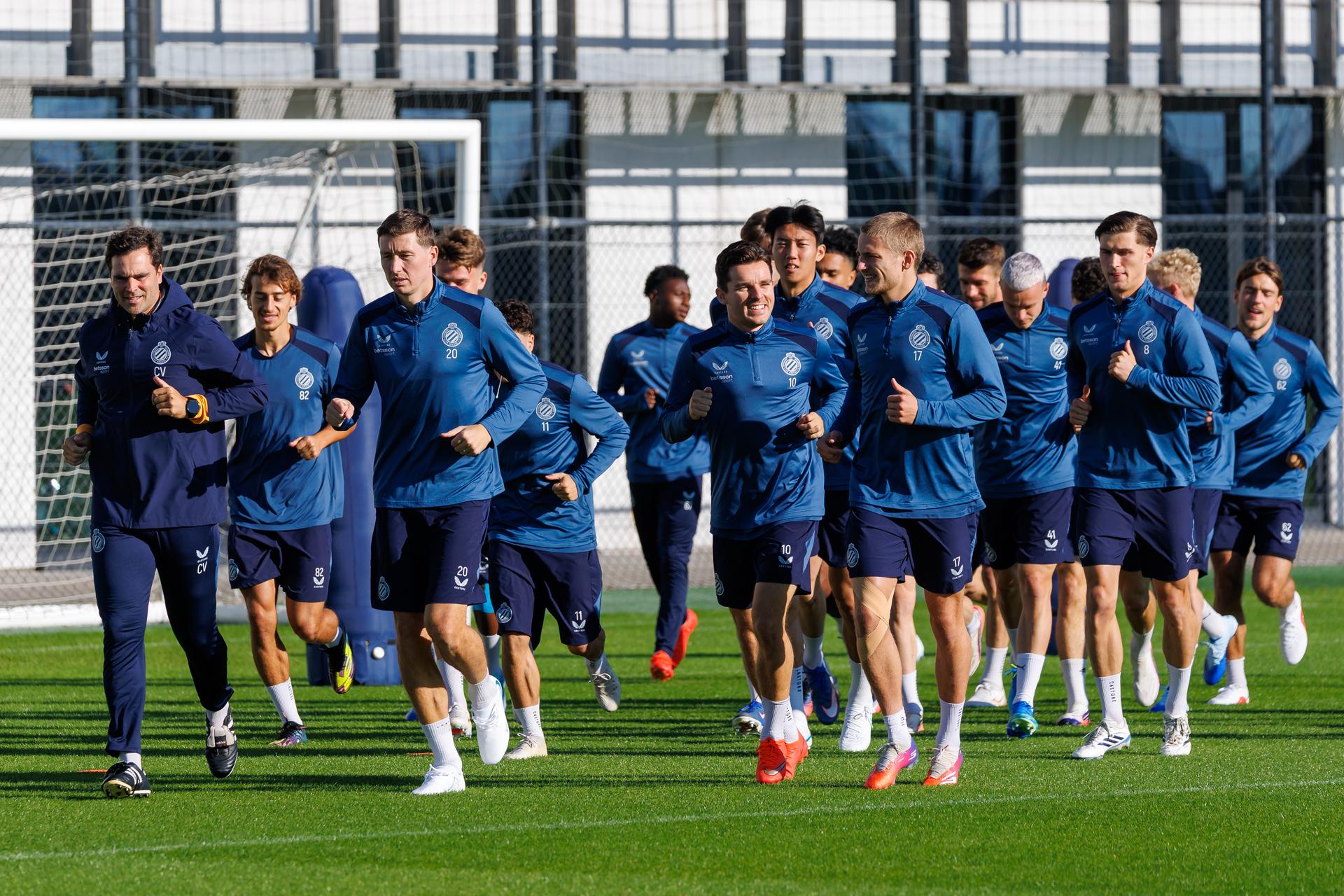 Club's players pictured in action during a training session of Belgian soccer team Club Brugge KV, Monday 12 October 2026 in Knokke-Heist. Club is preparing for the  the UEFA Champions League league phase game against Italian Inter Milan. BELGA PHOTO KURT DESPLENTER