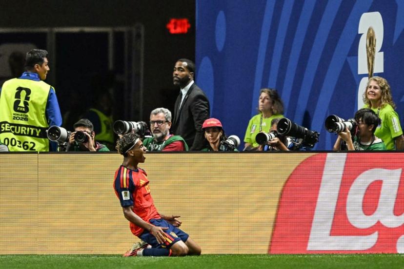 Spain's forward #19 Lamine Yamal   celebrates after scoring the opening goal during the 2026 World Cup Group H football match between Spain and Saudi Arabia at the Atlanta Stadium in Atlanta on June 21, 2026.   ROBERTO SCHMIDT / AFP